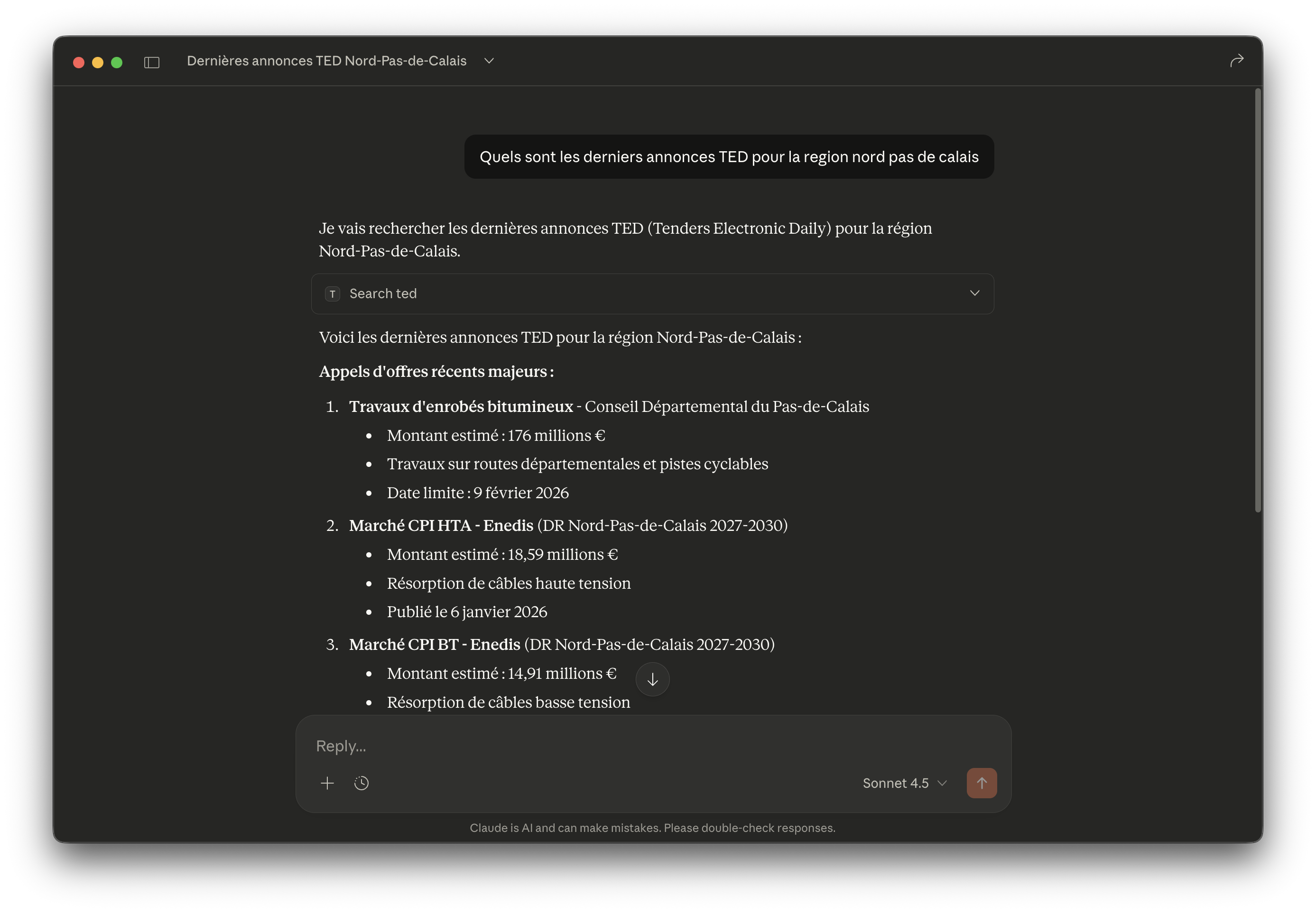TED procurement search for Nord-Pas-de-Calais in Claude Desktop