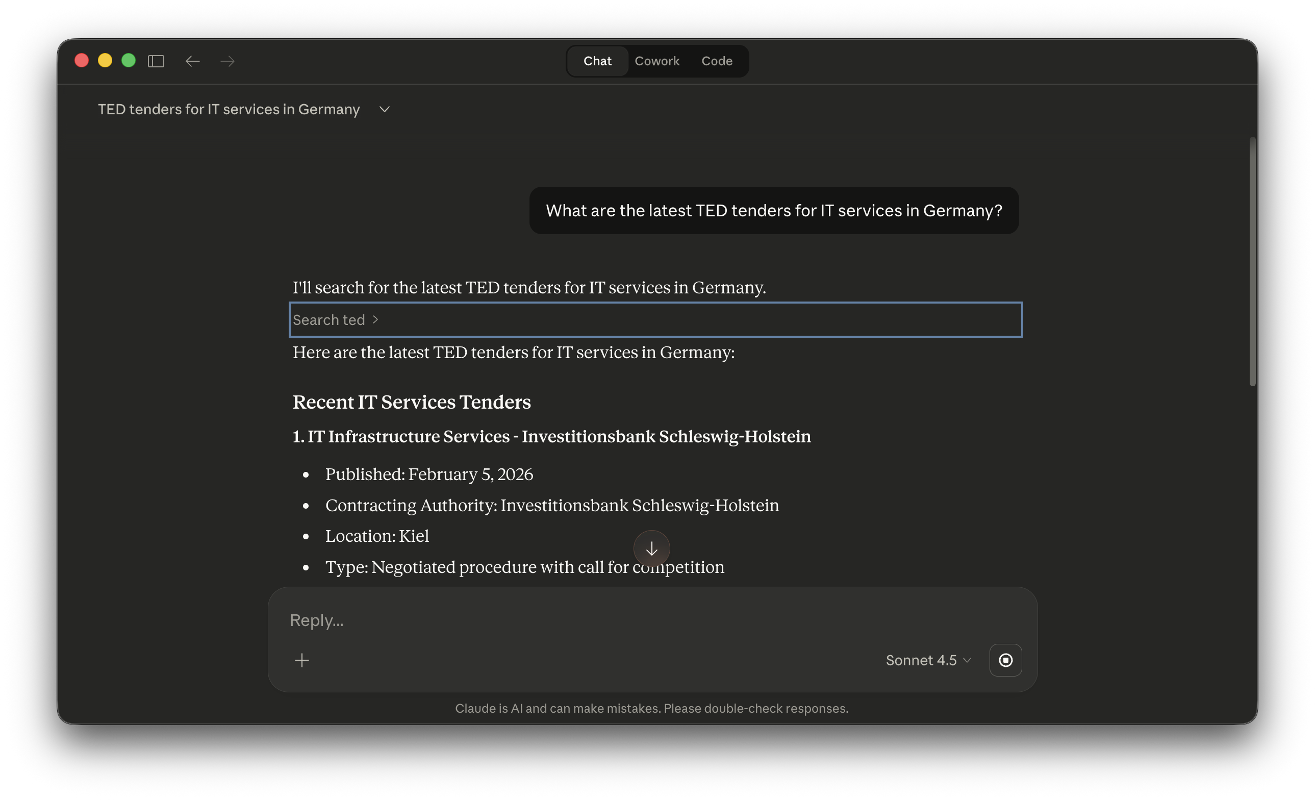 Claude Desktop — query results for IT services tenders in Germany