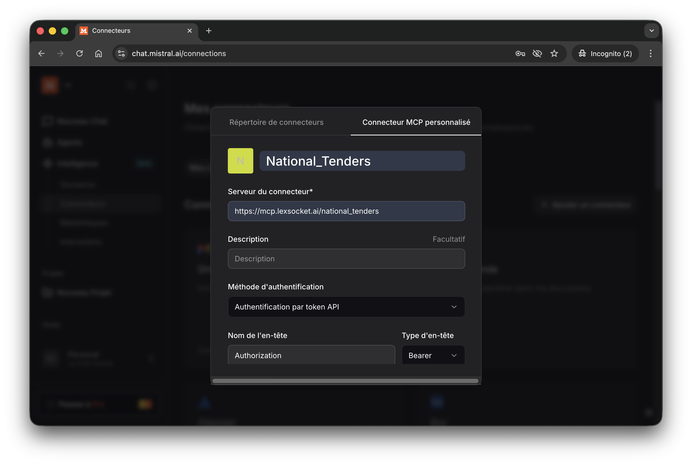 Le Chat — server URL and API Token authentication