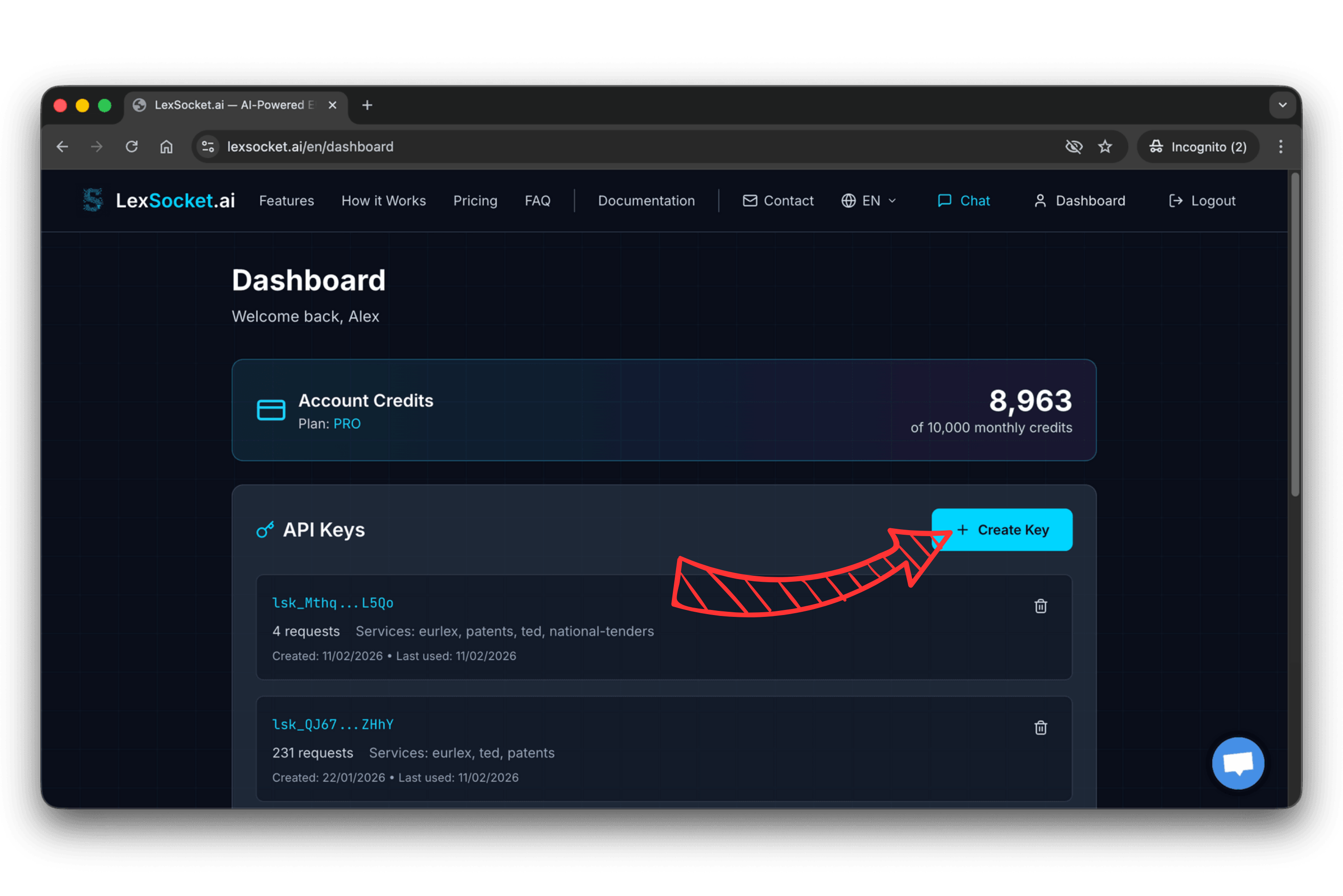 LexSocket — Create API key